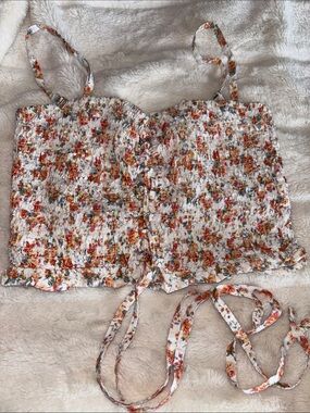New American Eagle Outfitters White Floral Shirred Tie-Front Cami